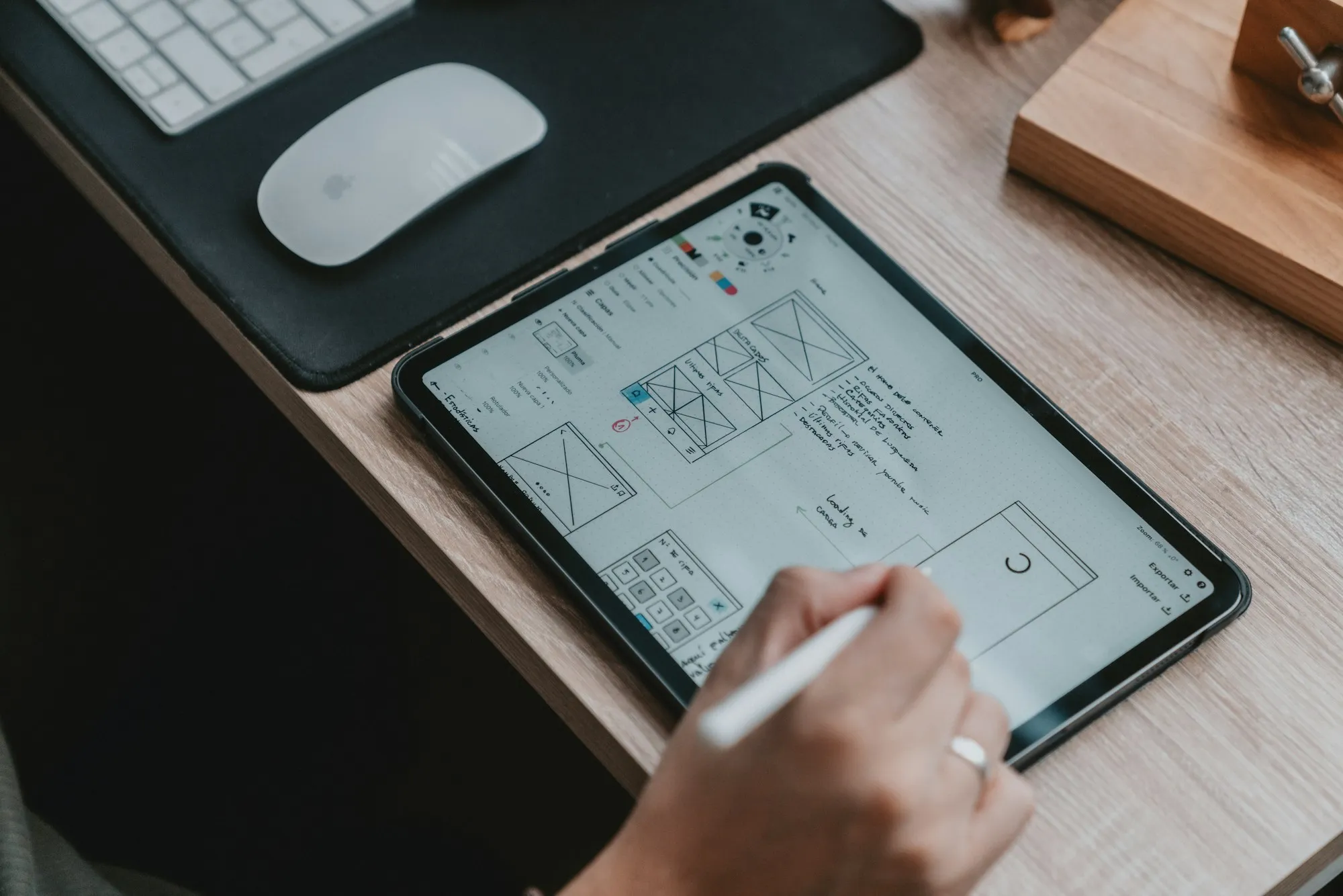 A designer sketching app wireframes on a tablet with a stylus